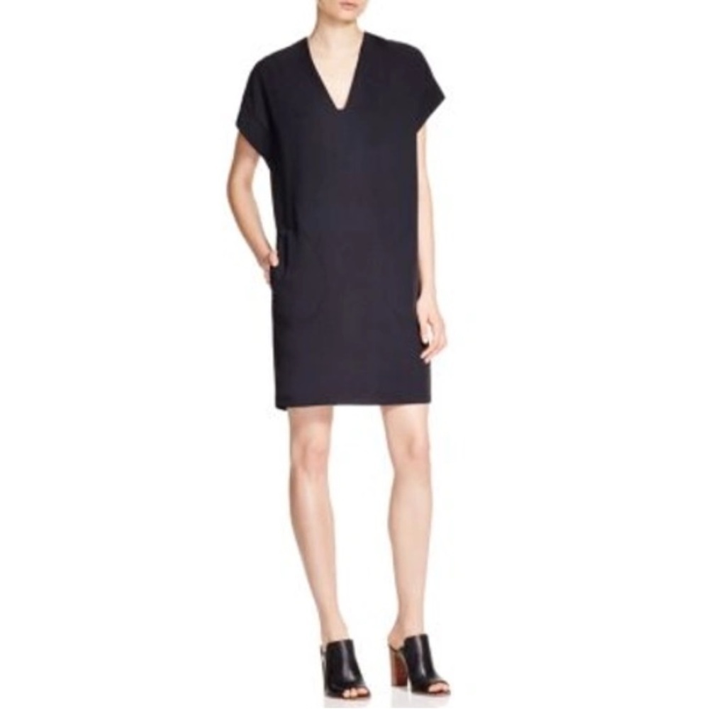 Vince V-Neck Short-Sleeve Popover Shift Black Dress - Medium